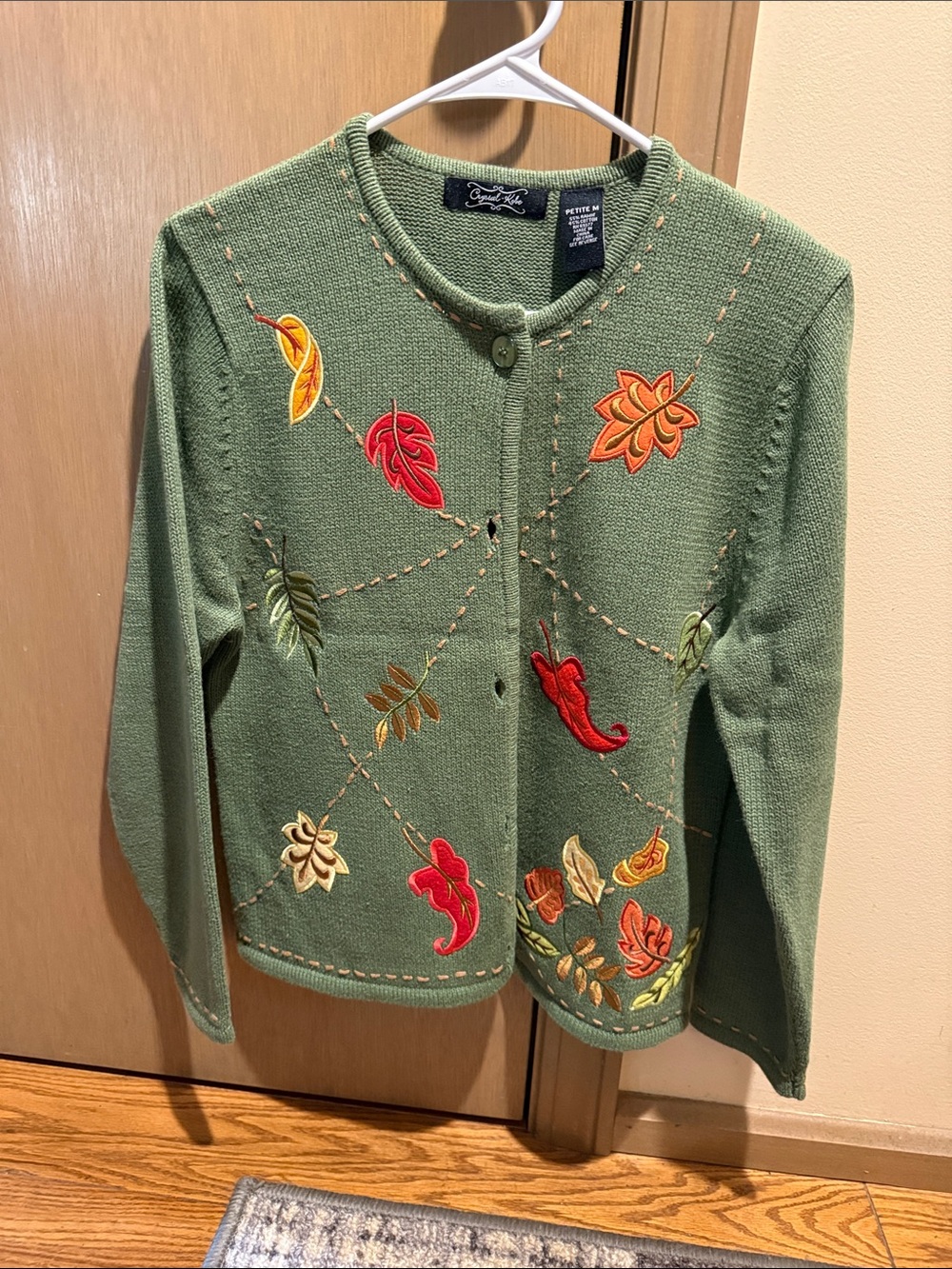 Crystal-Kobe Green Embroidered Leaf Cardigan Sweater by Foxcroft